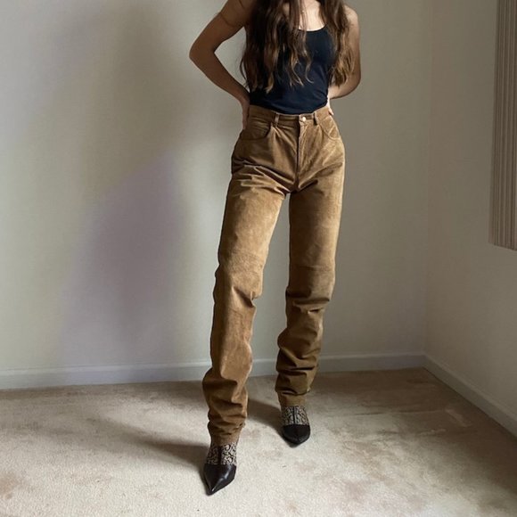 Vintage high waist tan genuine leather pants - Picture 3 of 8